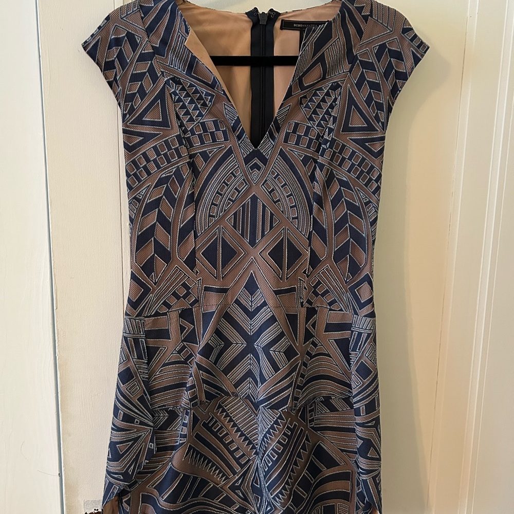 BCBGMaxAzria Black and Gray Sheath Mini Dress with Flutter Cap Sleeves